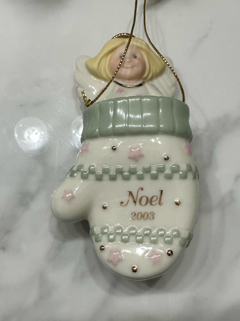 Lenox Noel 2003 Porcelain Angel Mitt Ornament in White, Pale Green & Pink